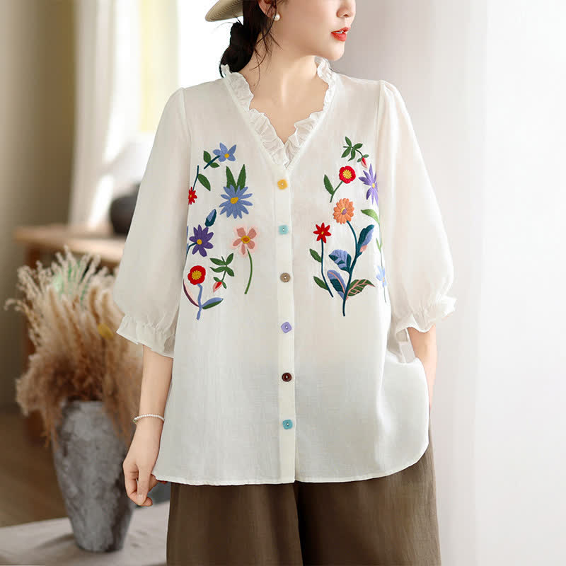 Buddha Stones Sommerliches, lässiges Vintage-Shirt mit bunter Blumenstickerei, Rüschen am V-Ausschnitt und Dreiviertelärmeln für Damen - image 11