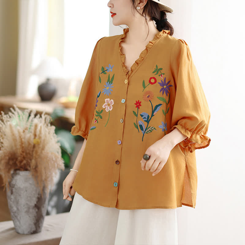 Buddha Stones Sommerliches, lässiges Vintage-Shirt mit bunter Blumenstickerei, Rüschen am V-Ausschnitt und Dreiviertelärmeln für Damen - image 1