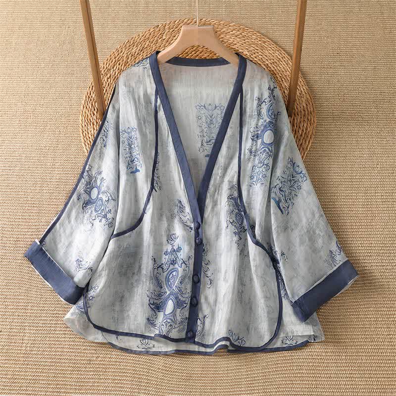 Buddha Stones Lässiges, sommerliches Vintage-Damenhemd mit Knopfleiste, Blumenmuster, langen Ärmeln und Tasche - Hellstahlblau - US14, UK/AU18, EU46 (2XL) - image 0