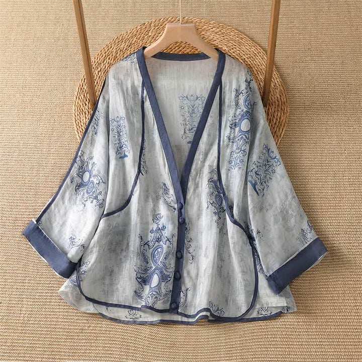 Buddha Stones Lässiges, sommerliches Vintage-Damenhemd mit Knopfleiste, Blumenmuster, langen Ärmeln und Tasche - Hellstahlblau - US14, UK/AU18, EU46 (2XL) - image 0
