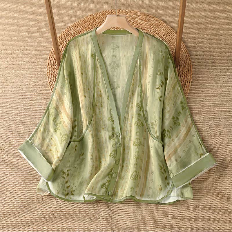 Buddha Stones Lässiges, sommerliches Vintage-Damenhemd mit Knopfleiste, Blumenmuster, langen Ärmeln und Tasche - Gelbgrün - US14, UK/AU18, EU46 (2XL) - image 6