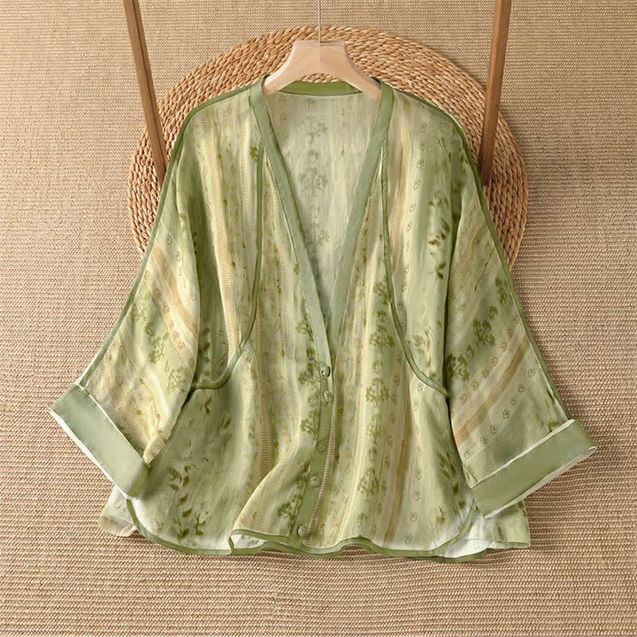 Buddha Stones Lässiges, sommerliches Vintage-Damenhemd mit Knopfleiste, Blumenmuster, langen Ärmeln und Tasche - Gelbgrün - US14, UK/AU18, EU46 (2XL) - image 6