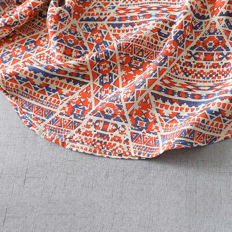 Buddha Stones Sommerliches Boho-Vintage-T-Shirt mit V-Ausschnitt, rot, geometrischem Muster und langen Ärmeln für Damen - image 5