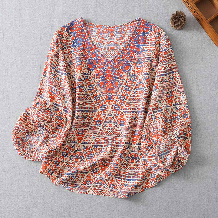 Buddha Stones Sommerliches Boho-Vintage-T-Shirt mit V-Ausschnitt, rot, geometrischem Muster und langen Ärmeln für Damen - Lachs - US8-10, UK/AU12-14, EU40-42 (2XL) - image 0