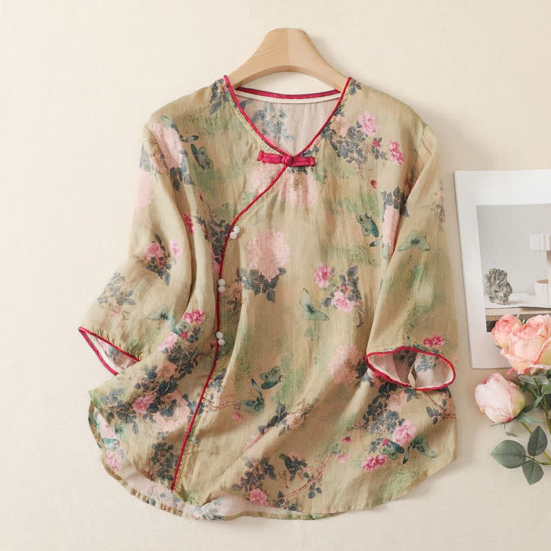 Buddha Stones Sommerliche Damenbluse im Vintage-Stil mit Stehkragen, rosa Rosenmuster und Ellbogenlänge, im Tang-Stil. - Dunkelkhaki - US12, UK/AU16, EU44 (2XL) - image 0