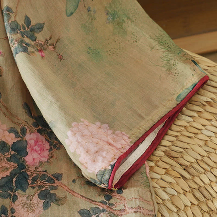 Buddha Stones Sommerliche Damenbluse im Vintage-Stil mit Stehkragen, rosa Rosenmuster und Ellbogenlänge, im Tang-Stil. - image 10