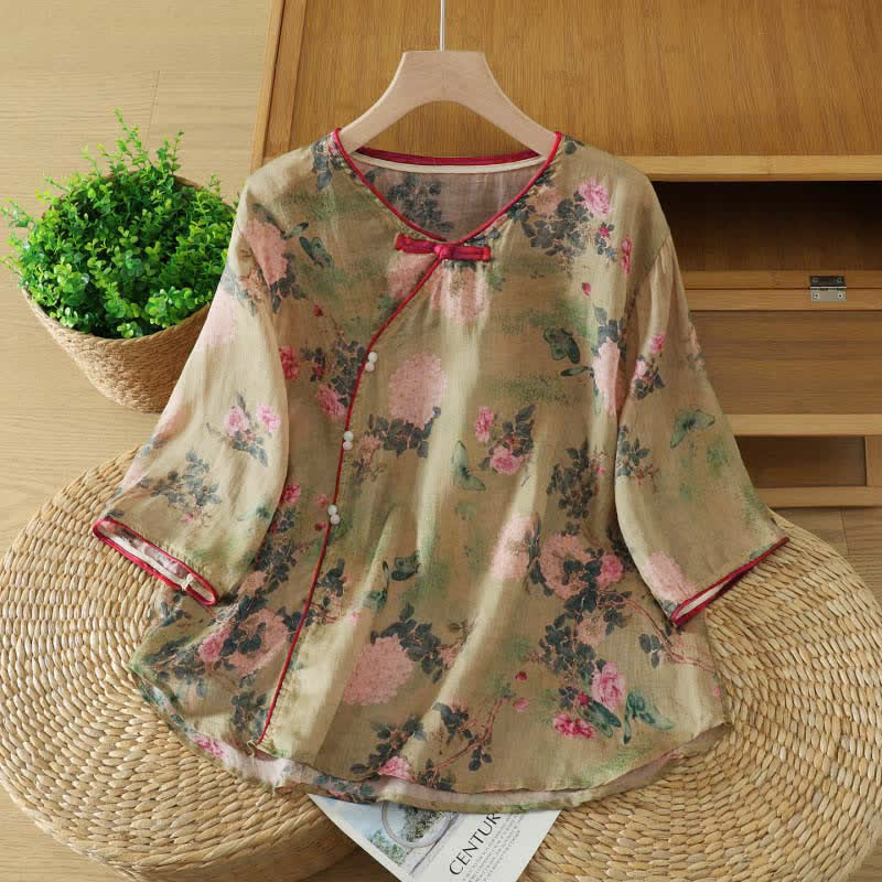 Buddha Stones Sommerliche Damenbluse im Vintage-Stil mit Stehkragen, rosa Rosenmuster und Ellbogenlänge, im Tang-Stil. - image 1