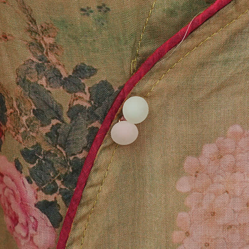 Buddha Stones Sommerliche Damenbluse im Vintage-Stil mit Stehkragen, rosa Rosenmuster und Ellbogenlänge, im Tang-Stil. - image 7