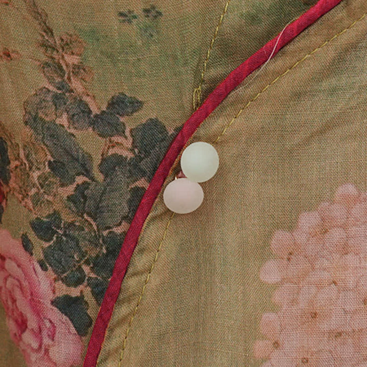 Buddha Stones Sommerliche Damenbluse im Vintage-Stil mit Stehkragen, rosa Rosenmuster und Ellbogenlänge, im Tang-Stil. - image 7