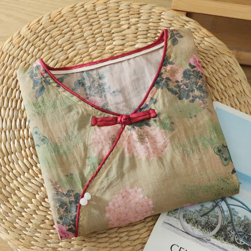 Buddha Stones Sommerliche Damenbluse im Vintage-Stil mit Stehkragen, rosa Rosenmuster und Ellbogenlänge, im Tang-Stil. - image 3