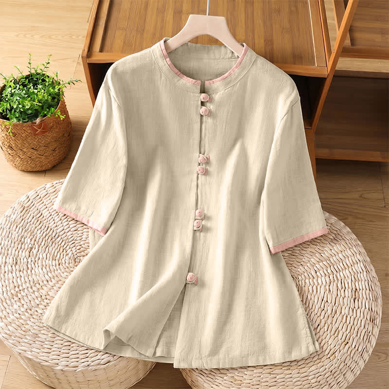 Buddha Stones Sommerliche Tang Style Vintage Damen Kurzarmhemden mit Froschknopfleiste, Rundhalsausschnitt und Kontrastdetails - Beige - US8-10, UK/AU12-14, EU40-42 (2XL) - image 14
