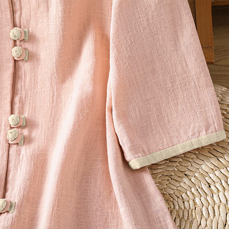 Buddha Stones Sommerliche Tang Style Vintage Damen Kurzarmhemden mit Froschknopfleiste, Rundhalsausschnitt und Kontrastdetails - image 12