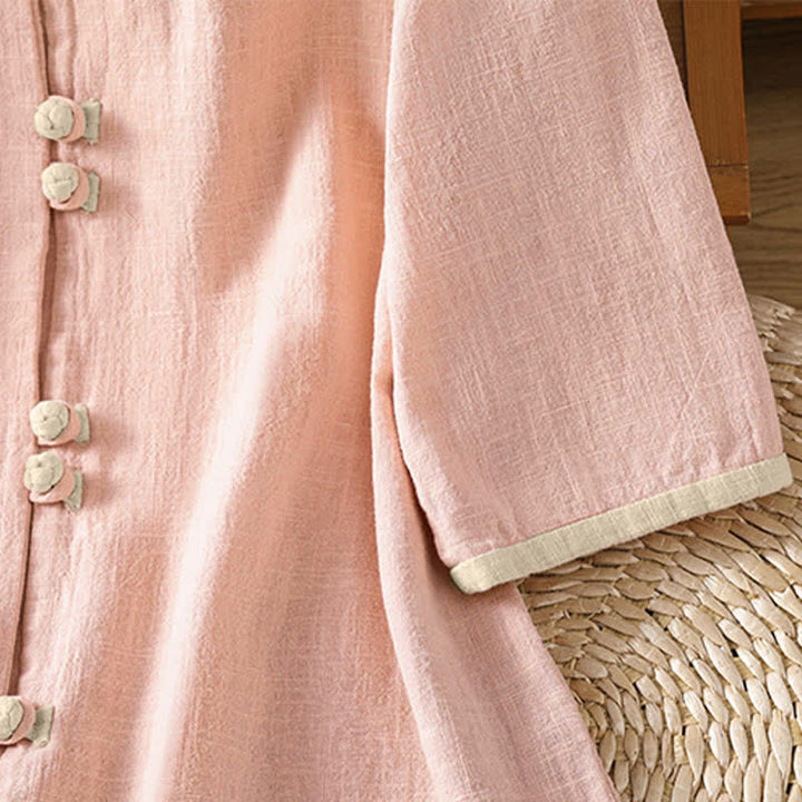 Buddha Stones Sommerliche Tang Style Vintage Damen Kurzarmhemden mit Froschknopfleiste, Rundhalsausschnitt und Kontrastdetails - image 12