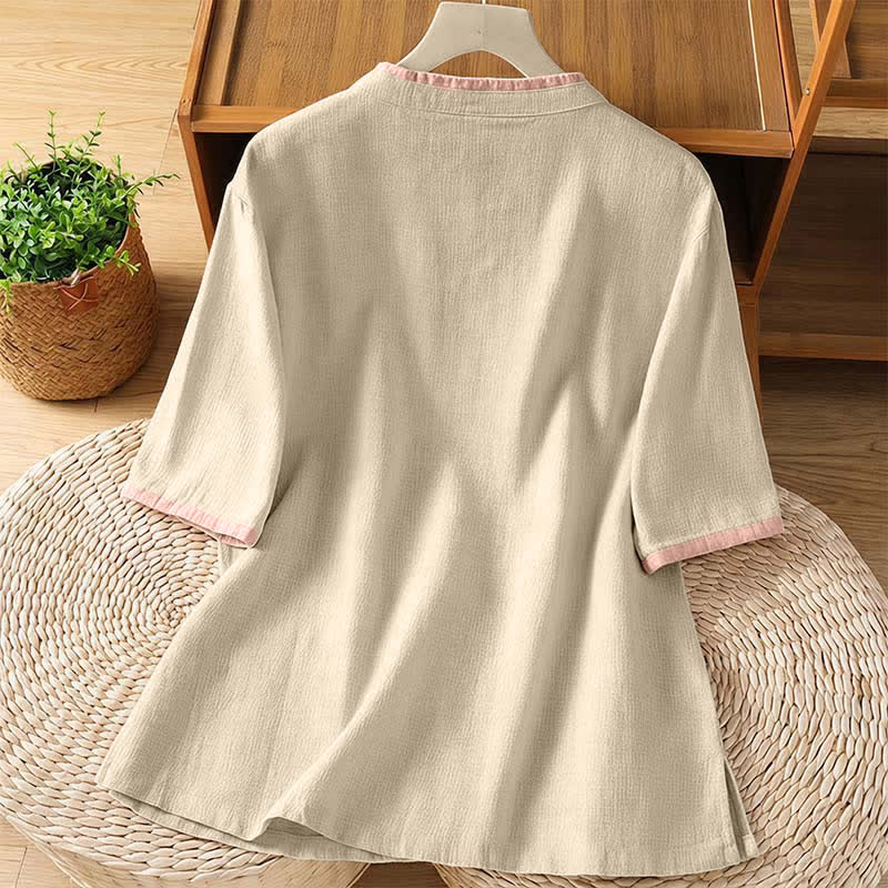 Buddha Stones Sommerliche Tang Style Vintage Damen Kurzarmhemden mit Froschknopfleiste, Rundhalsausschnitt und Kontrastdetails - image 15