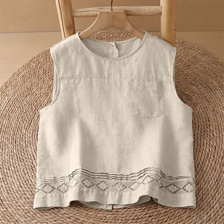 Buddha Stones Lässiges, ärmelloses Vintage-Tanktop mit geometrischem Muster, hohlem Saum, Knöpfen am Rücken und aufgesetzter Tasche für Damen. - Leinenhemd - US8-10, UK/AU12-14, EU40-42 (2XL) - image 31
