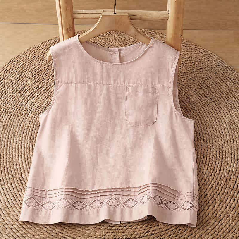 Buddha Stones Lässiges, ärmelloses Vintage-Tanktop mit geometrischem Muster, hohlem Saum, Knöpfen am Rücken und aufgesetzter Tasche für Damen. - Hellrosa Hemd - US8-10, UK/AU12-14, EU40-42 (2XL) - image 0