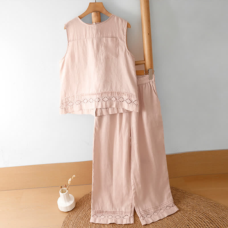 Buddha Stones Lässiges, ärmelloses Vintage-Tanktop mit geometrischem Muster, hohlem Saum, Knöpfen am Rücken und aufgesetzter Tasche für Damen. - image 14