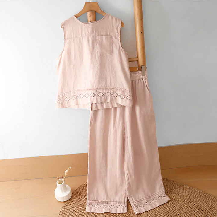 Buddha Stones Lässiges, ärmelloses Vintage-Tanktop mit geometrischem Muster, hohlem Saum, Knöpfen am Rücken und aufgesetzter Tasche für Damen. - image 14