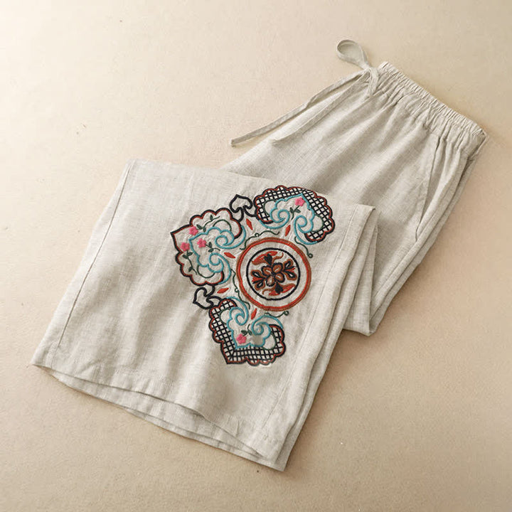 Buddha Stones Lässige Caprihose mit Blumenstickerei für Damen, weites Bein, mit Tasche - image 3