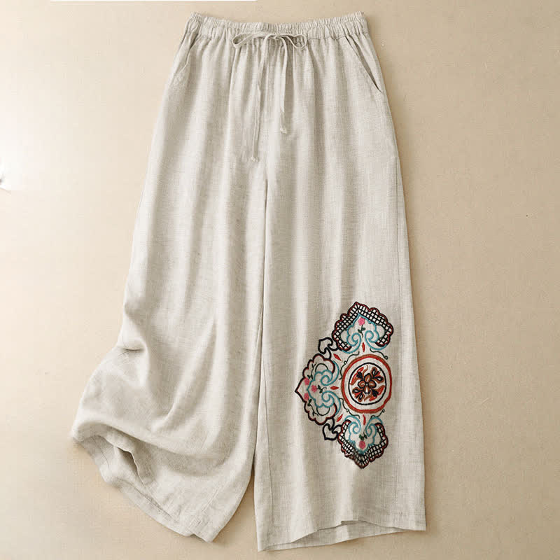 Buddha Stones Lässige Caprihose mit Blumenstickerei für Damen, weites Bein, mit Tasche - image 2