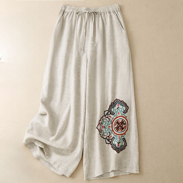 Buddha Stones Lässige Caprihose mit Blumenstickerei für Damen, weites Bein, mit Tasche - image 2