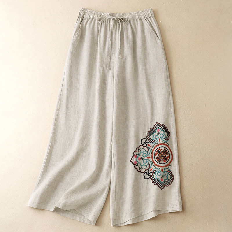 Buddha Stones Lässige Caprihose mit Blumenstickerei für Damen, weites Bein, mit Tasche - Leinen - US8-10, UK/AU12-14, EU40-42 (2XL) - image 0