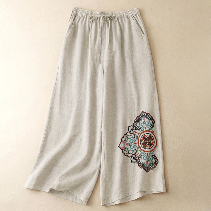 Buddha Stones Lässige Caprihose mit Blumenstickerei für Damen, weites Bein, mit Tasche - Leinen - US8-10, UK/AU12-14, EU40-42 (2XL) - image 0