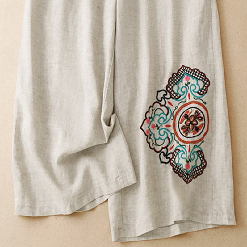 Buddha Stones Lässige Caprihose mit Blumenstickerei für Damen, weites Bein, mit Tasche - image 6