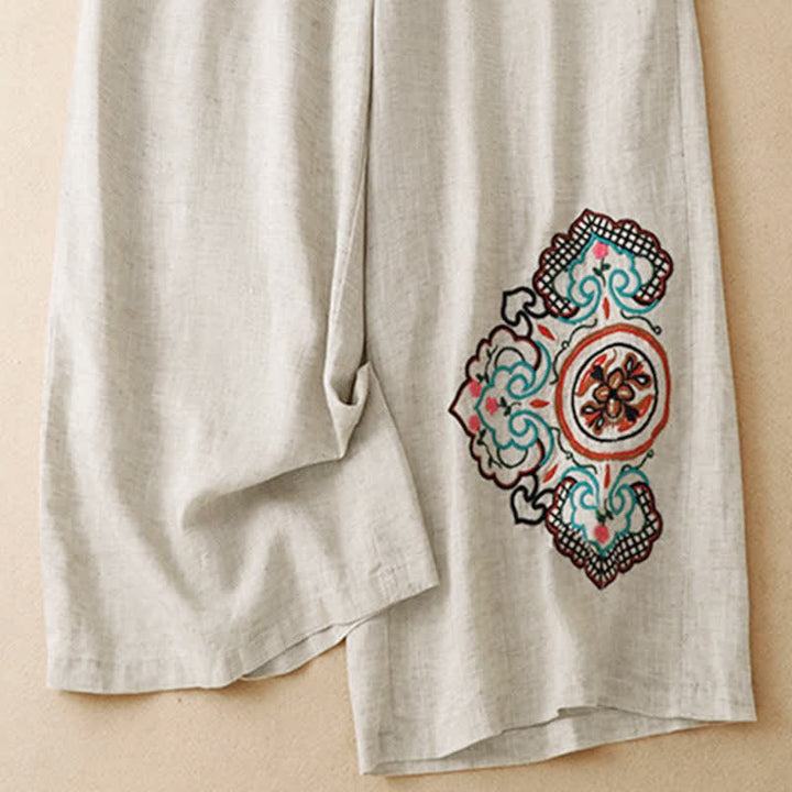 Buddha Stones Lässige Caprihose mit Blumenstickerei für Damen, weites Bein, mit Tasche - image 6