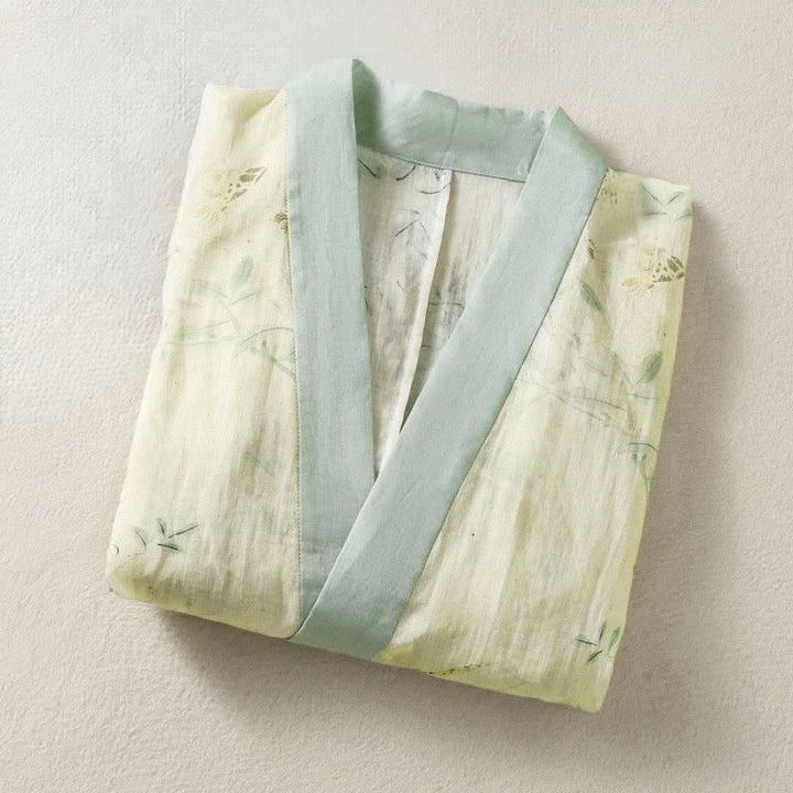 Buddha Stones Sommerlicher, lässiger Vintage-Kimono für Damen mit Kordelzug, V-Ausschnitt, floralem Kontrastbesatz und Dreiviertelärmeln. - image 2