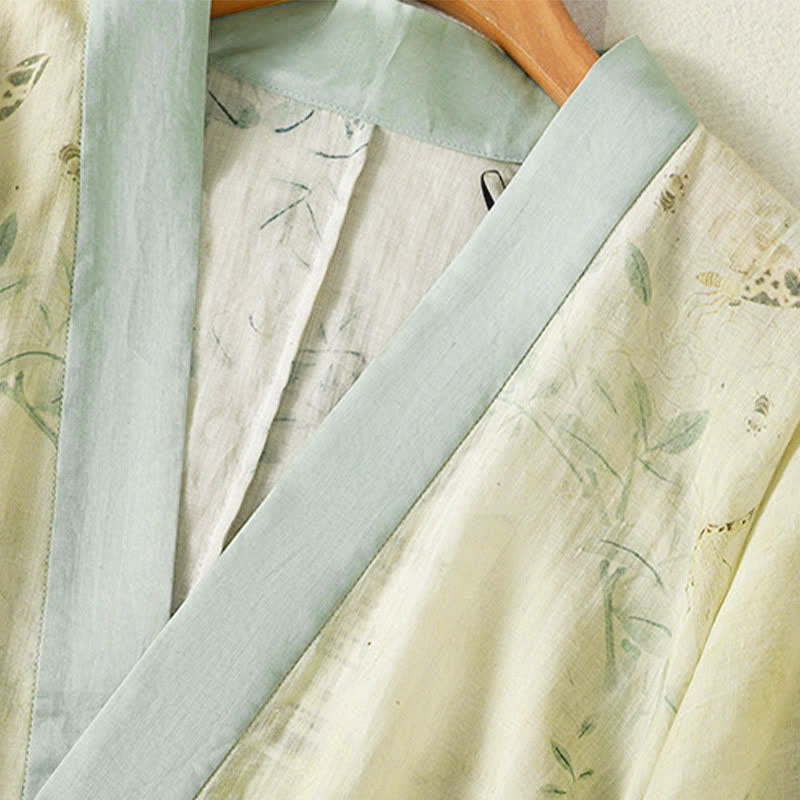 Buddha Stones Sommerlicher, lässiger Vintage-Kimono für Damen mit Kordelzug, V-Ausschnitt, floralem Kontrastbesatz und Dreiviertelärmeln. - image 5