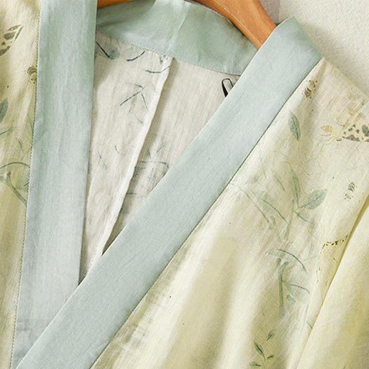 Buddha Stones Sommerlicher, lässiger Vintage-Kimono für Damen mit Kordelzug, V-Ausschnitt, floralem Kontrastbesatz und Dreiviertelärmeln. - image 5