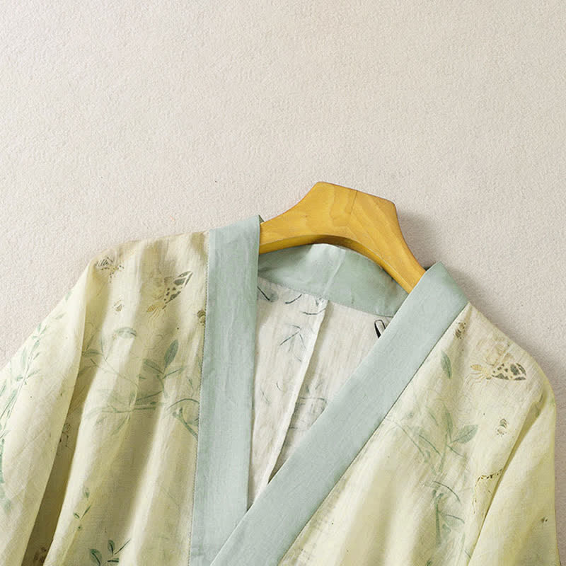 Buddha Stones Sommerlicher, lässiger Vintage-Kimono für Damen mit Kordelzug, V-Ausschnitt, floralem Kontrastbesatz und Dreiviertelärmeln. - image 3