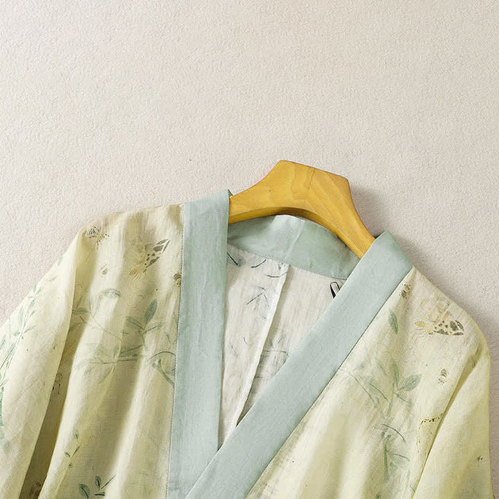 Buddha Stones Sommerlicher, lässiger Vintage-Kimono für Damen mit Kordelzug, V-Ausschnitt, floralem Kontrastbesatz und Dreiviertelärmeln. - image 3