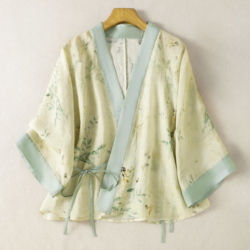 Buddha Stones Sommerlicher, lässiger Vintage-Kimono für Damen mit Kordelzug, V-Ausschnitt, floralem Kontrastbesatz und Dreiviertelärmeln. - Beige - US8-10, UK/AU12-14, EU40-42 (2XL) - image 0
