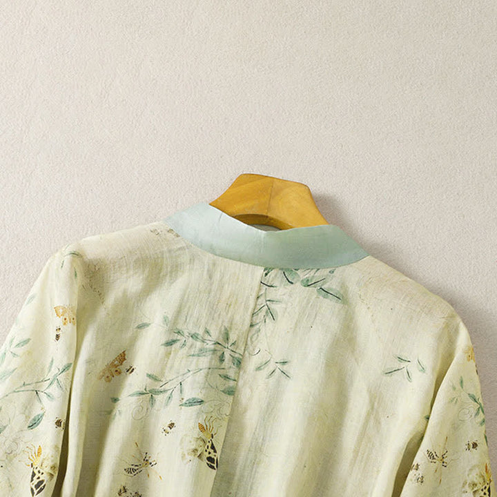 Buddha Stones Sommerlicher, lässiger Vintage-Kimono für Damen mit Kordelzug, V-Ausschnitt, floralem Kontrastbesatz und Dreiviertelärmeln. - image 4