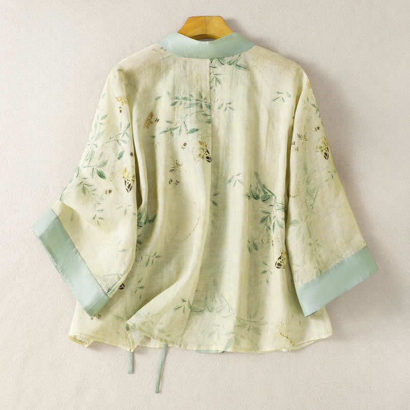 Buddha Stones Sommerlicher, lässiger Vintage-Kimono für Damen mit Kordelzug, V-Ausschnitt, floralem Kontrastbesatz und Dreiviertelärmeln. - image 1