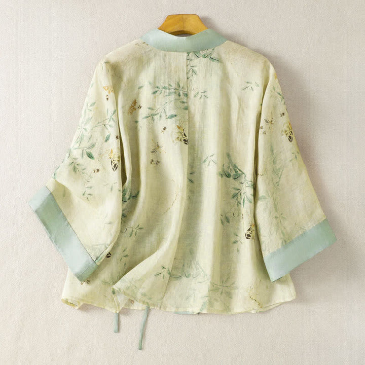 Buddha Stones Sommerlicher, lässiger Vintage-Kimono für Damen mit Kordelzug, V-Ausschnitt, floralem Kontrastbesatz und Dreiviertelärmeln. - image 1