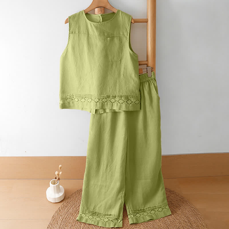 Buddha Stones Sommerliche, lässige, minimalistische, geometrische Hose mit hohlem Saum und weitem Bein für Damen mit Taschen - image 15