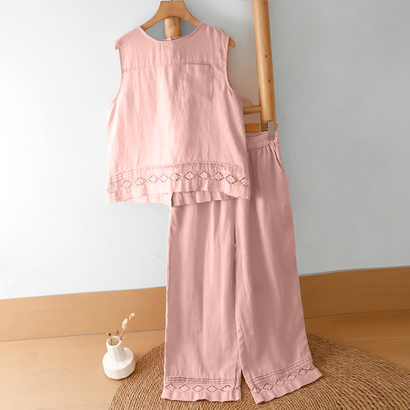 Buddha Stones Sommerliche, lässige, minimalistische, geometrische Hose mit hohlem Saum und weitem Bein für Damen mit Taschen - image 30