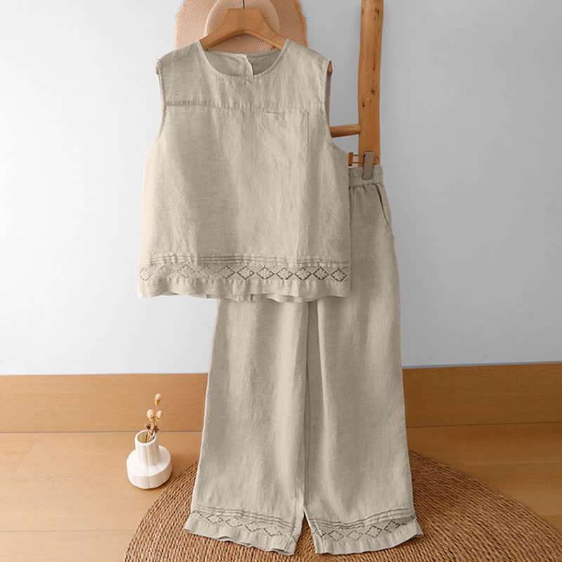 Buddha Stones Sommerliche, lässige, minimalistische, geometrische Hose mit hohlem Saum und weitem Bein für Damen mit Taschen - image 46