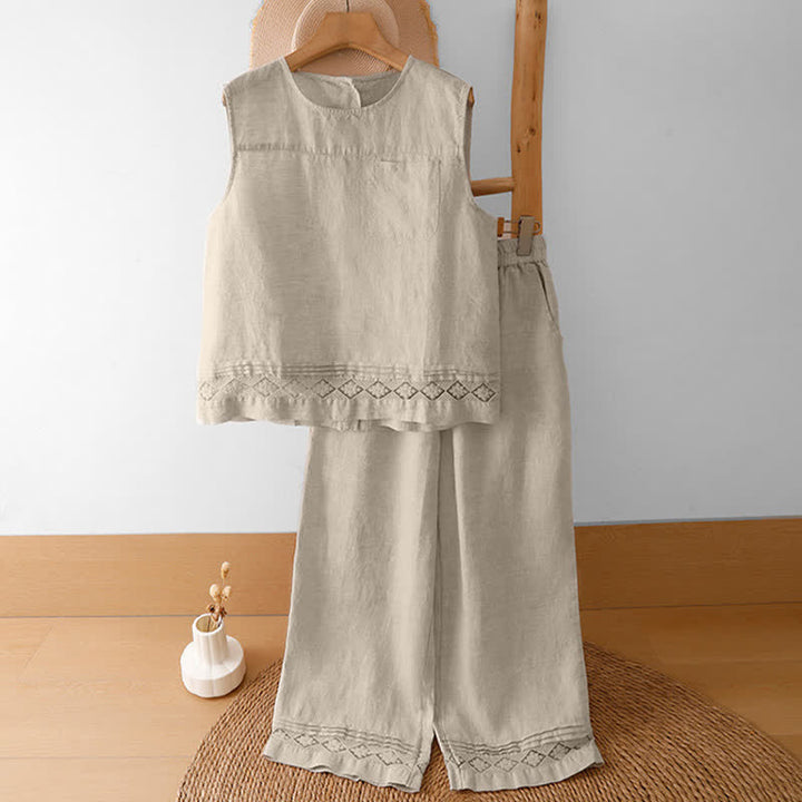Buddha Stones Sommerliche, lässige, minimalistische, geometrische Hose mit hohlem Saum und weitem Bein für Damen mit Taschen - image 46