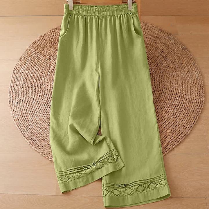 Buddha Stones Sommerliche, lässige, minimalistische, geometrische Hose mit hohlem Saum und weitem Bein für Damen mit Taschen - Gelbgrüne Hose - US8-10, UK/AU12-14, EU40-42 (2XL) - image 0