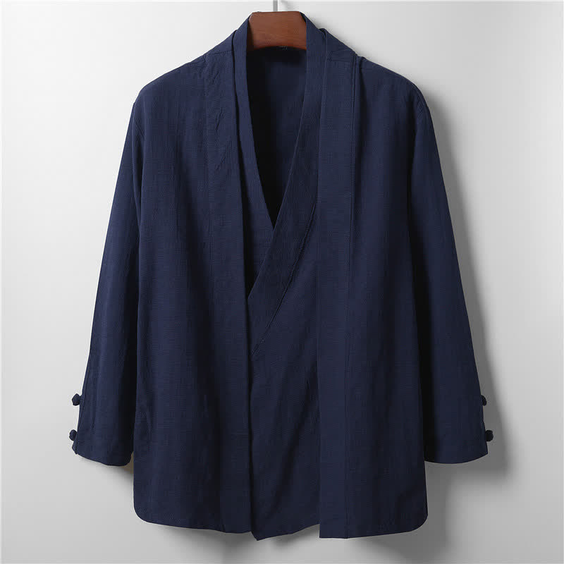 Buddha Stones Lässiger, minimalistischer Kimono für Herren aus Ramie mit einfarbigem Revers im Frühlingsstil - Mitternachtsblau - US/ UK/AU44, EU54 (4XL) - image 10
