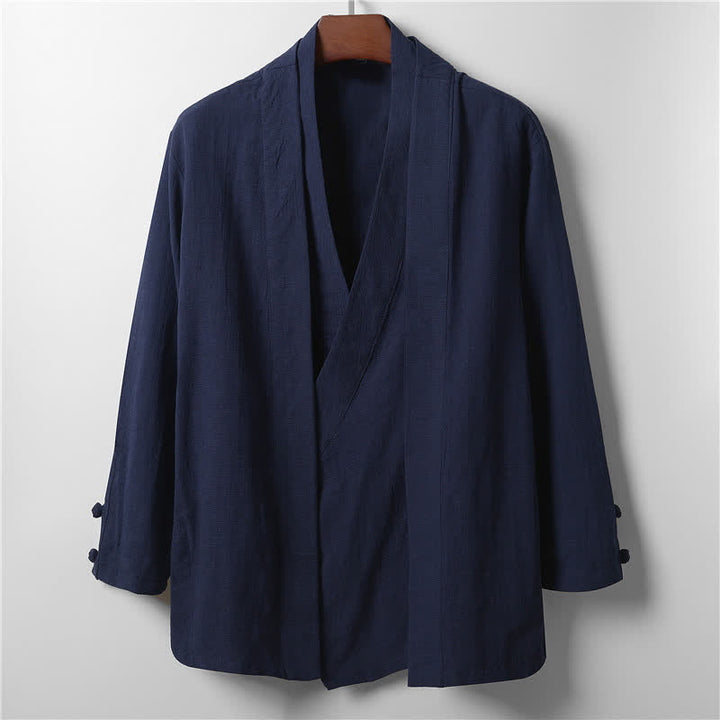 Buddha Stones Lässiger, minimalistischer Kimono für Herren aus Ramie mit einfarbigem Revers im Frühlingsstil - Mitternachtsblau - US/ UK/AU44, EU54 (4XL) - image 10