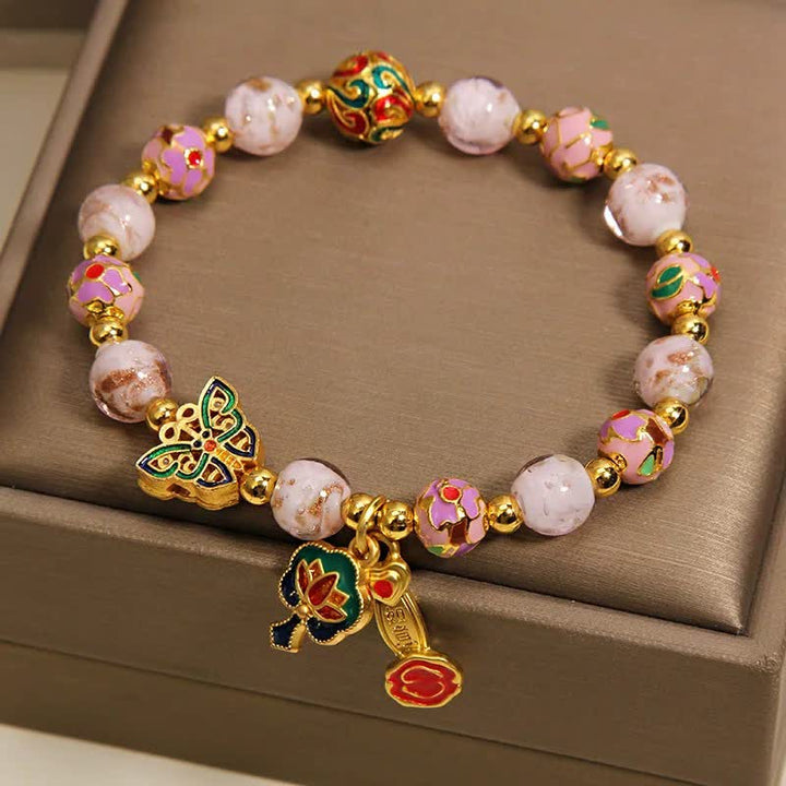 Buddha Stones Pink Liuli Butterfly Lotus Ruyi Handle Transformation Charm Armband - image 4