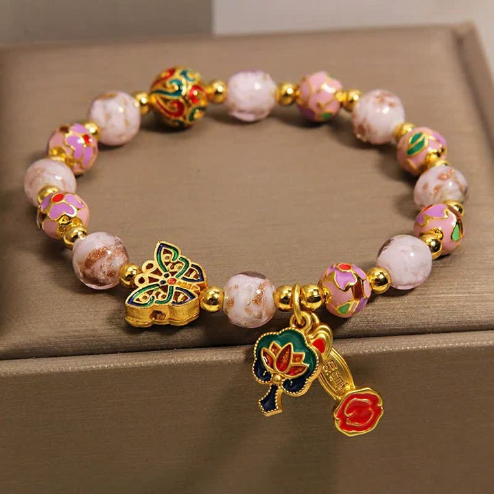 Buddha Stones Pink Liuli Butterfly Lotus Ruyi Handle Transformation Charm Armband - image 3