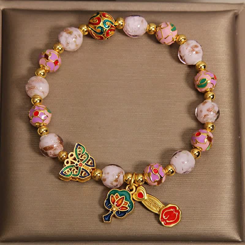 Buddha Stones Pink Liuli Butterfly Lotus Ruyi Handle Transformation Charm Armband - image 1