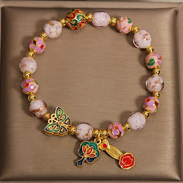 Buddha Stones Pink Liuli Butterfly Lotus Ruyi Handle Transformation Charm Armband - image 1