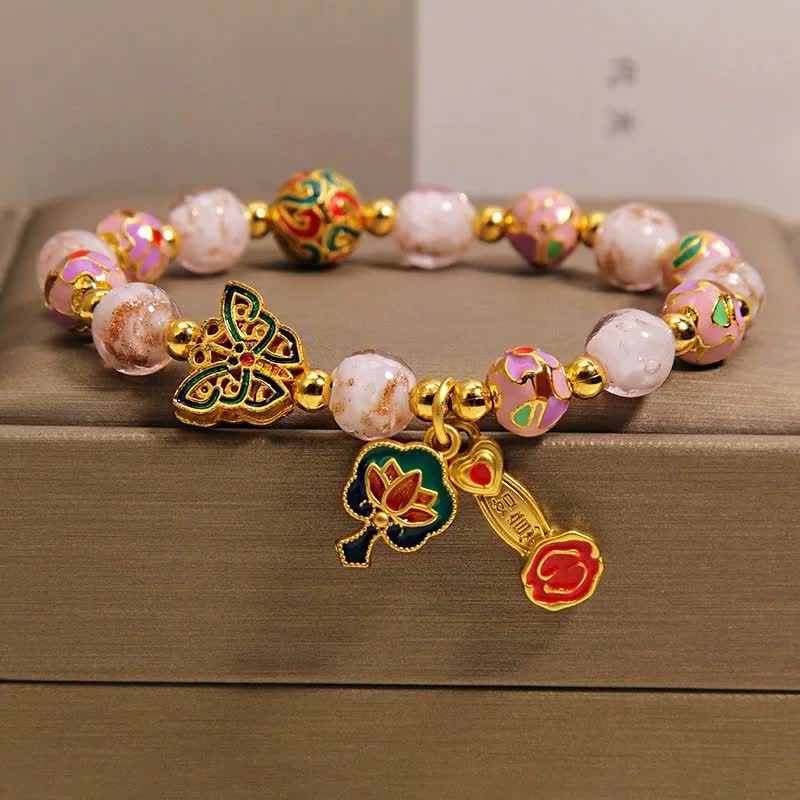 Buddha Stones Pink Liuli Butterfly Lotus Ruyi Handle Transformation Charm Armband - image 9